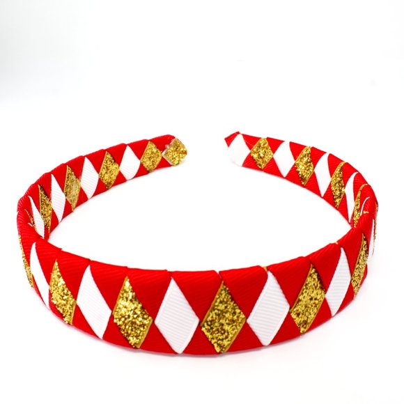 Hand Crafted Accessories - Handmade Diamond Pattern Red Glitter Gold White Double Ribbon Headband SF 49ers